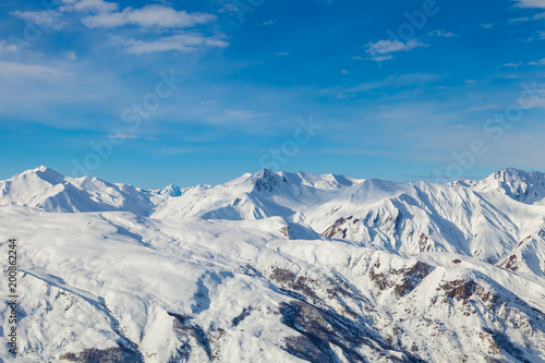 Picturesque view snowy mountain peaks panorama, Les Menuires ,Alps, France, ski slopes in 3 Valleys