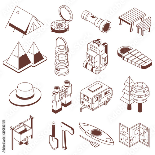 Isometric camping icon set. Hiking isometry elements and equipment icons. Camp and adventure gear. Mountains, Rv camper trailer, backpack, rafting boat, campfire, lantern, binoculars, tourist tent.