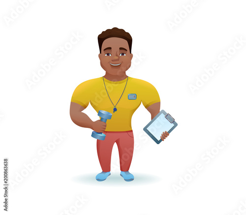 Personal fitness trainer set, african or indian cartoon characters collection, sports man training, advertising gym in colorful outfit with bumbell, vector illustration