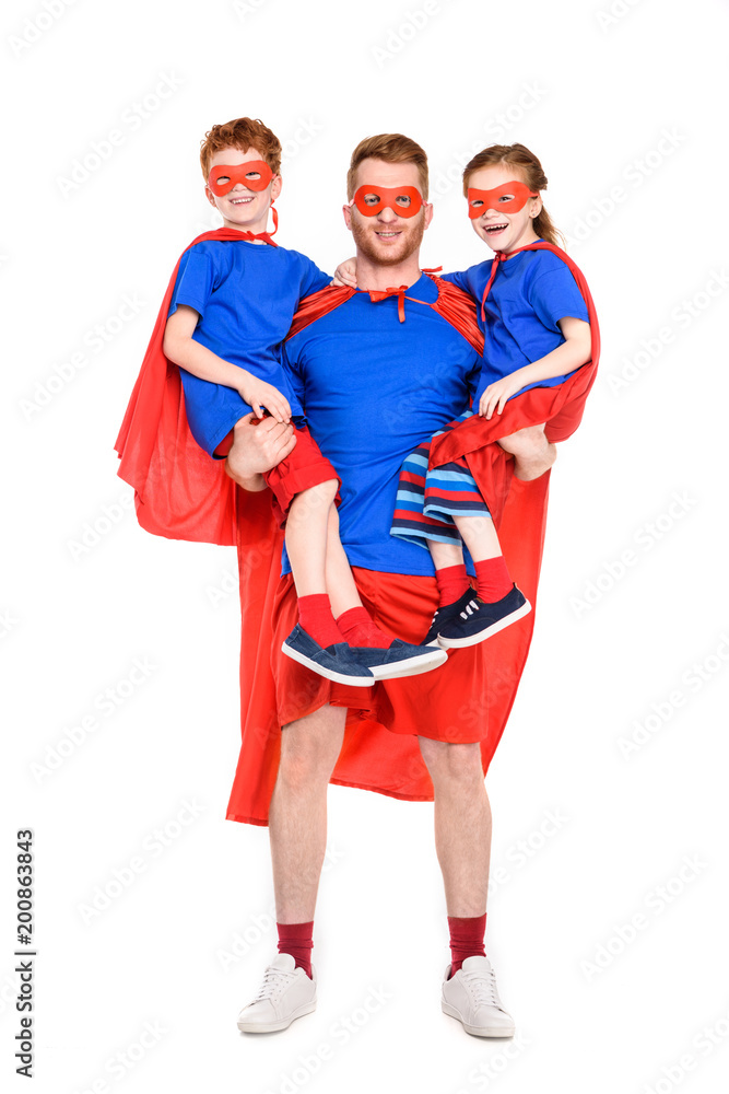super father carrying happy kids in masks and cloaks isolated on white super father carrying happy kids in masks and cloaks isolated on white