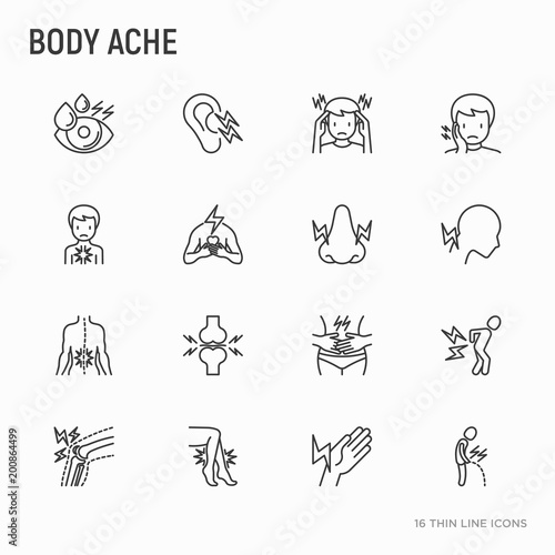 Body aches thin line icons set: migraine, toothache, pain in eyes, ear, nose, when urinating, chest pain, menstrual, joint, arthritis, rheumatism. Modern vector illustration.