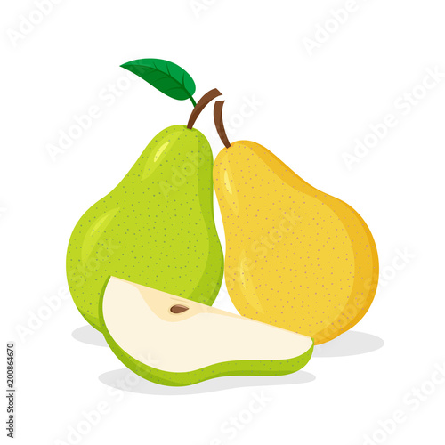 Yellow and green whole pears and a cut piece.
