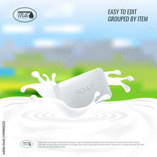 Vector Soap with milk splash. Natural handmade Soap advertisement design or banner background.