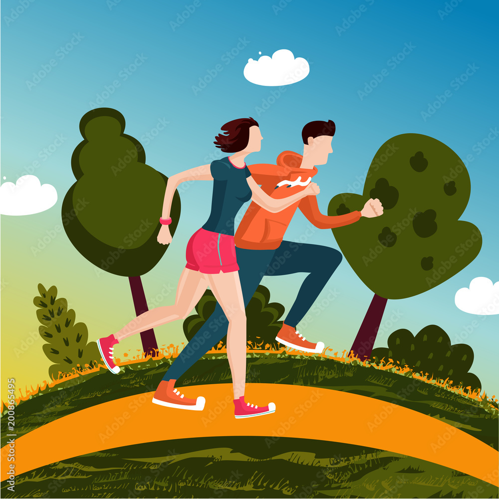 Running couple. People run in a park. Man and woman on work out. Cartoon  style illustration. Outdoor active sport. Stock Vector | Adobe Stock
