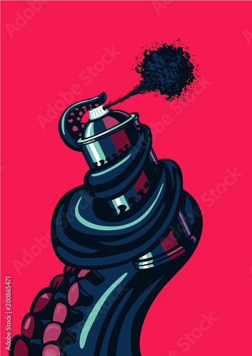 Octopus tentacle is holding a graffity spray can. Underground cotemporary artist illustration.