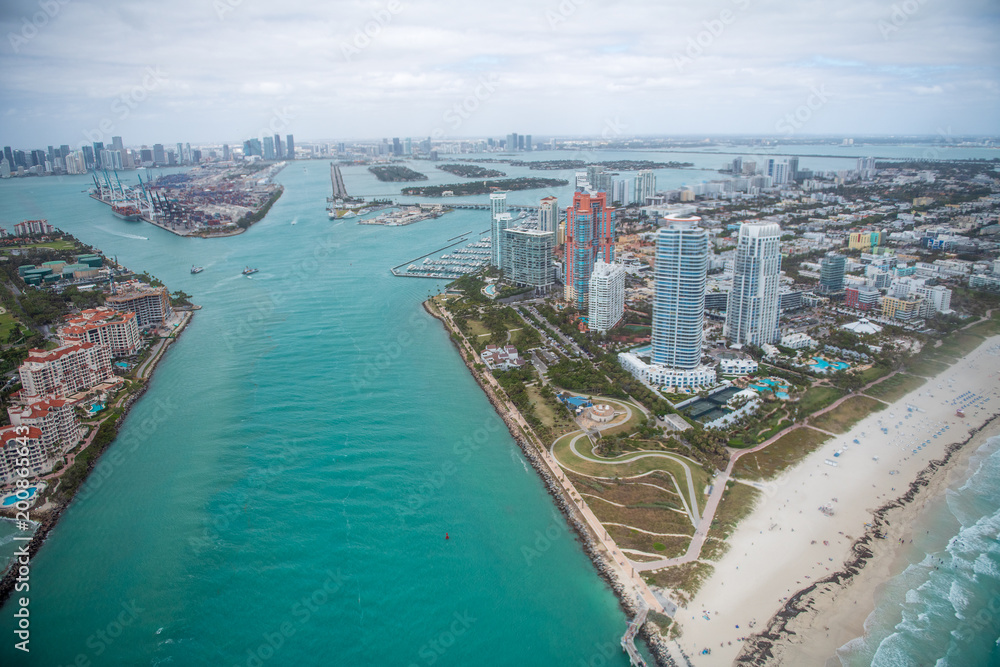 South Pointe Park, Fisher Island and Miami skyline, aerial view from helicopter