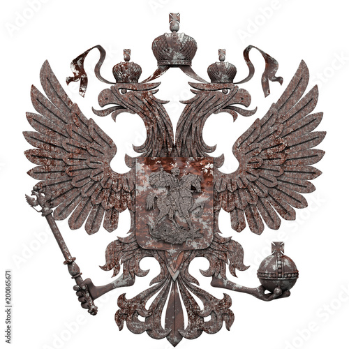 Coat of arms of Russia with two-headed eagle. Old and rusty symbol of Russian Federation. 3D render Illustration isolated on a white background.
