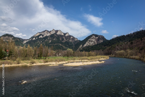 Three Crowns peak and Dunajec river in Pieniny mountains at spring, Poland