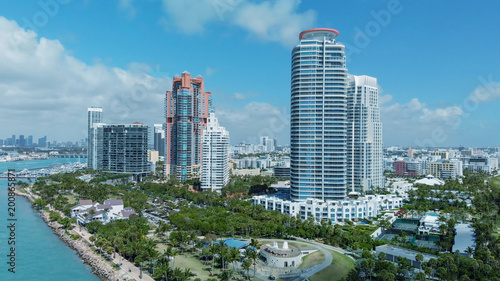 South Pointe Park in Miami Beach. Buildings along the beach, aerial view © jovannig