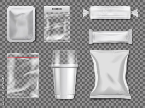 Empty plastic and transparency packages. Vector mockup pictures