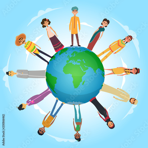 Concept illustration with international peoples male and female standing on the earth planet
