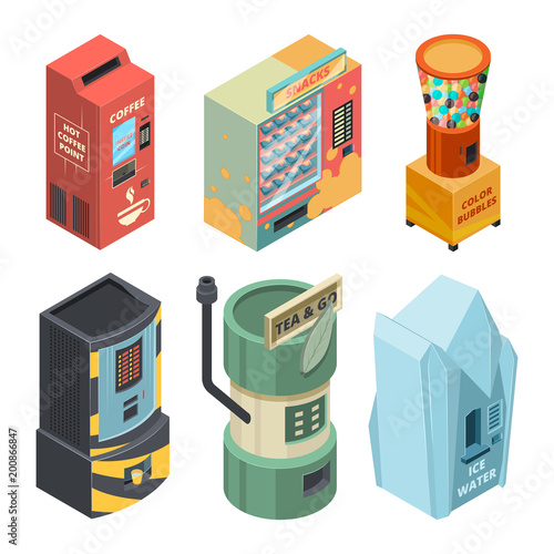 Food machine for drinks, coffee and snack in packages. Vector isometric pictures