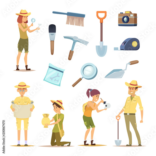 Archaeologists characters and various historical artifacts