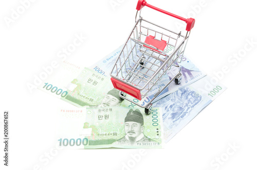 Korean money and shopping cart on white background : economy concept