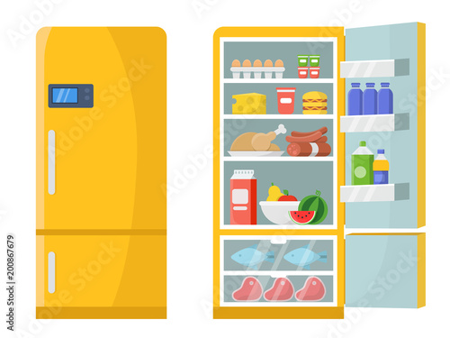 Vector illustrations of empty and closed refrigerator with different healthy food photo