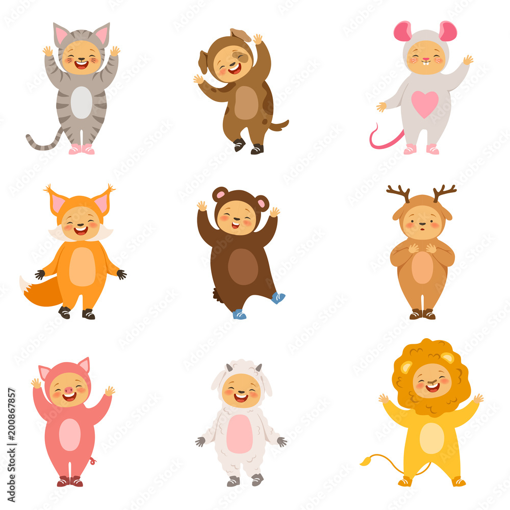 Kids party costumes of funny cartoon animals. Vector pictures isolate on white Kids party costumes of funny cartoon animals. Vector pictures isolate on white