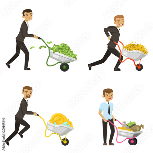 Businessmen driving a wheelbarrow with money