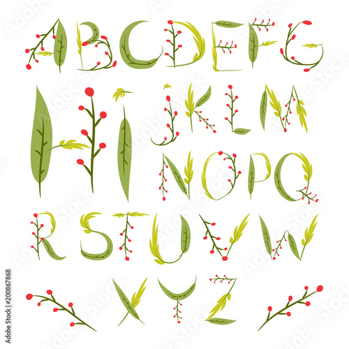 Floral alphabet made of red berries and leaves. Hand drawn summer forest abc. Nature letters. Flat   illustrated design