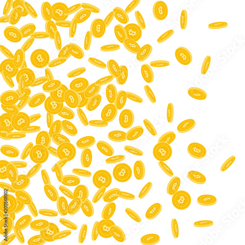Bitcoin, internet currency coins falling. Scattered small BTC coins on white background. Artistic left gradient vector illustration. Jackpot or success concept.