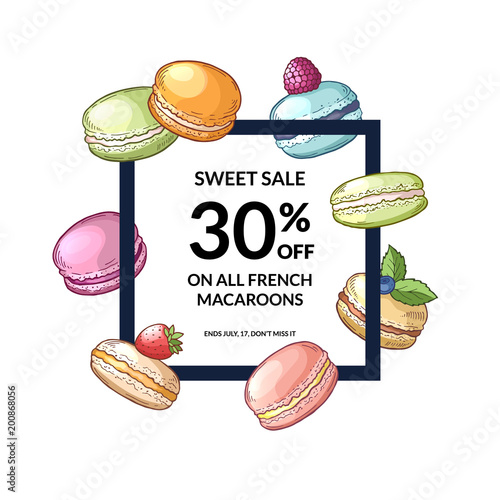 Vector frame with flying hand drawn macaroons around it with place for text in center illustration