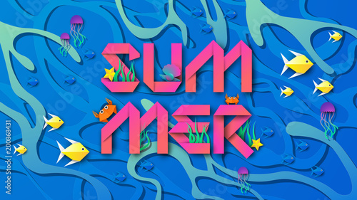 Illustration of Underwater with coral, fish, starfish, jellyfish, crabs, shellfish  and summer text design. On the water surface background. paper cut and craft style. vector, illustration.