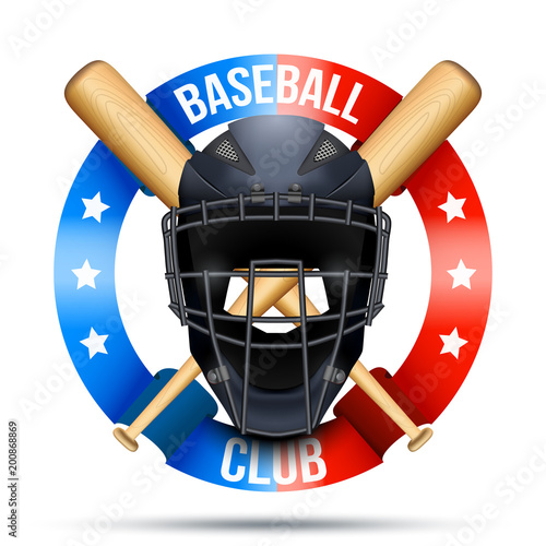 Baseball catcher mask sign with ribbons. Sporting Symbol and mascot. Vector Illustration Isolated on white background.