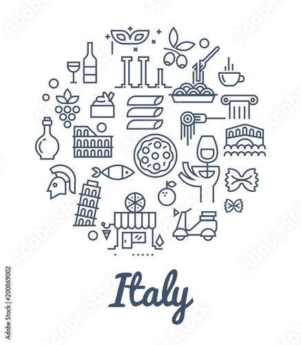 Food and culture of Italy.  Line vector icon set