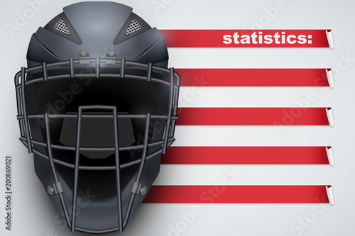 Background of Baseball sports. Infographic of list and schedule of players and statistics. Catcher mask helmet on spase for text. Vector Illustration.