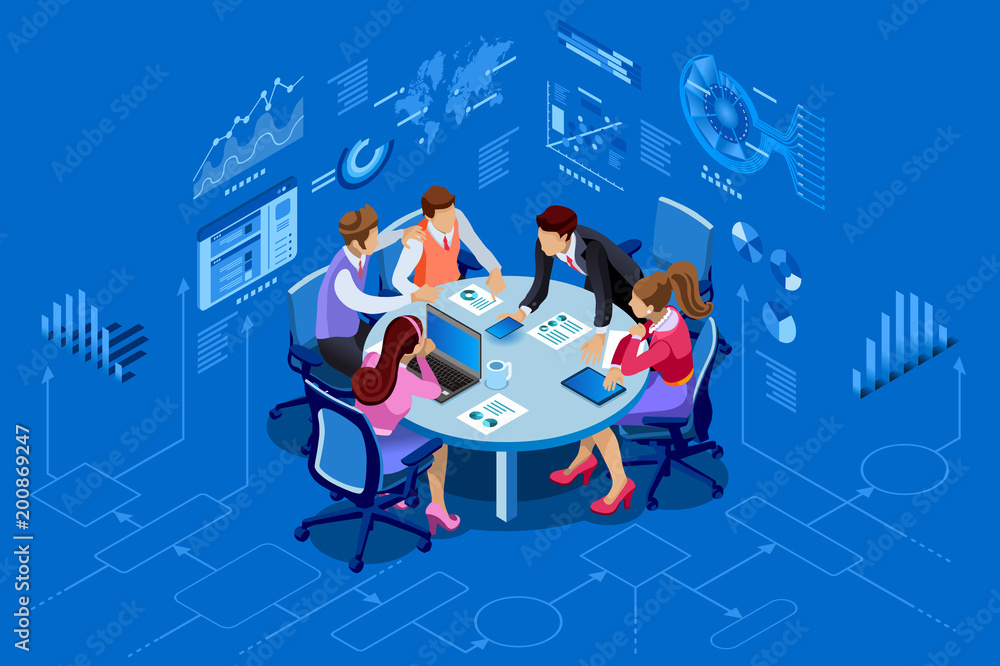 Isometric people team contemporary management concept. Can use for web banner, infographics, hero images. Flat isometric vector illustration isolated on blue background.  - obrazy, fototapety, plakaty 