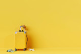 Yellow suitcase with sun glasses and hat on yellow background. 3D rendering. travel concept. minimal style