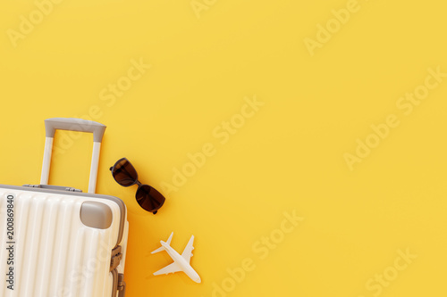 Flat lay white suitcase with sunglasses and plane on yellow background. 3D rendering. travel concept