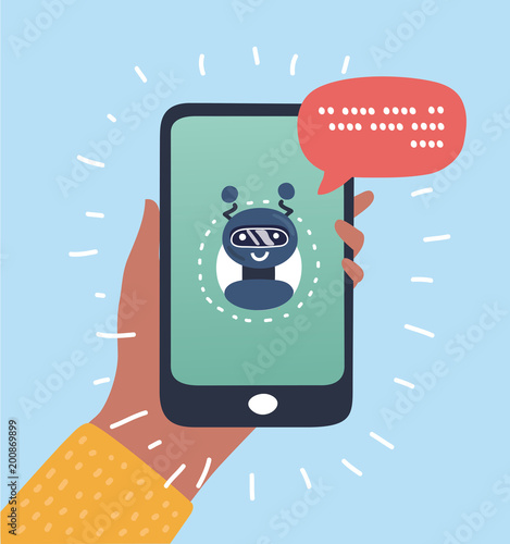 Chat bot business concept. User chatting with robot mobile application.