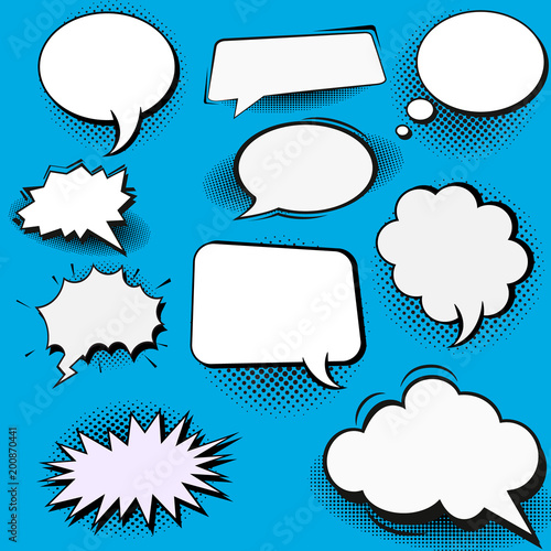 Vector set of stickers of speech bubbles. Blank empty white speech bubbles