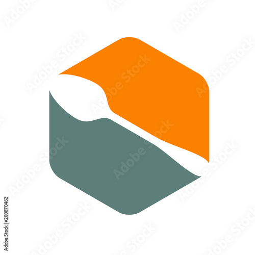 Icono plano cuchara en hexagono gris y naranja