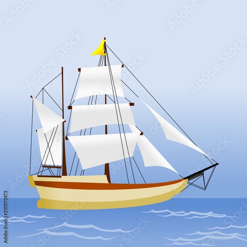 Side View Sailing Ship on Ocean Vector Illustration for Nature or Transportation Vehicle and Historical Education Related Design