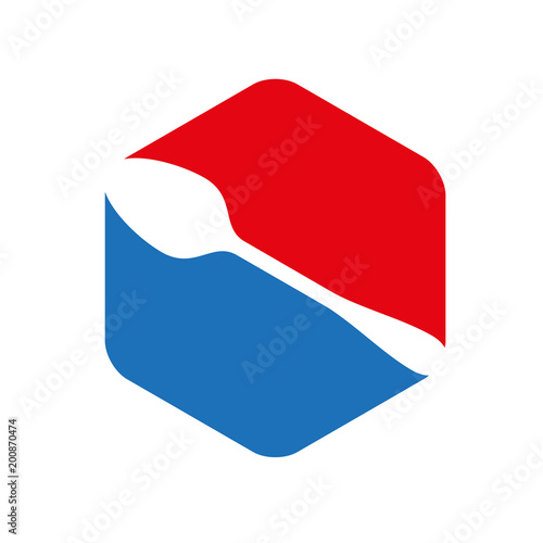 Icono plano cuchara en hexagono rojo y azul