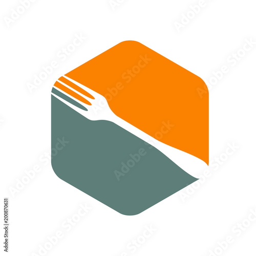 Icono plano tenedor en hexagono gris y naranja