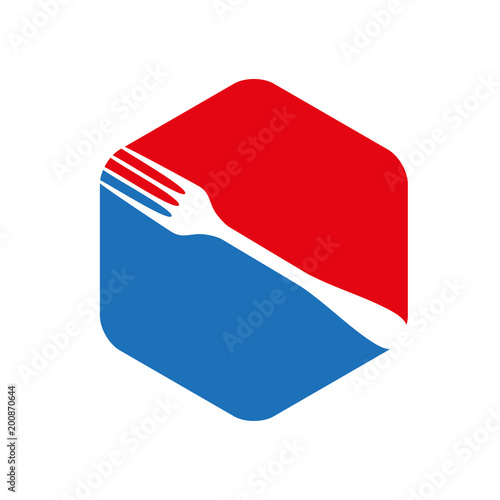 Icono plano tenedor en hexagono rojo y azul