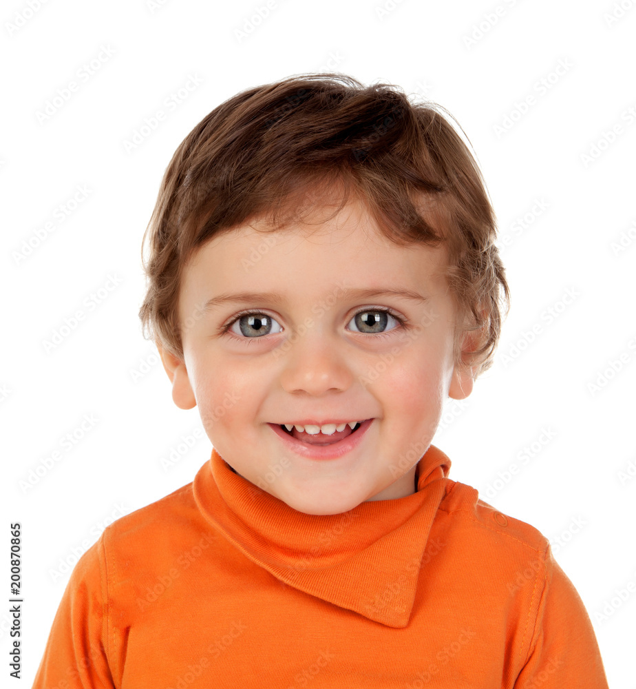 Beautiful little child two years old with orange jersey Beautiful little child two years old with orange jersey