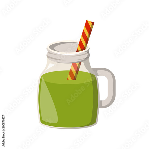 Vector cartoon green smoothie in glass jar with straw