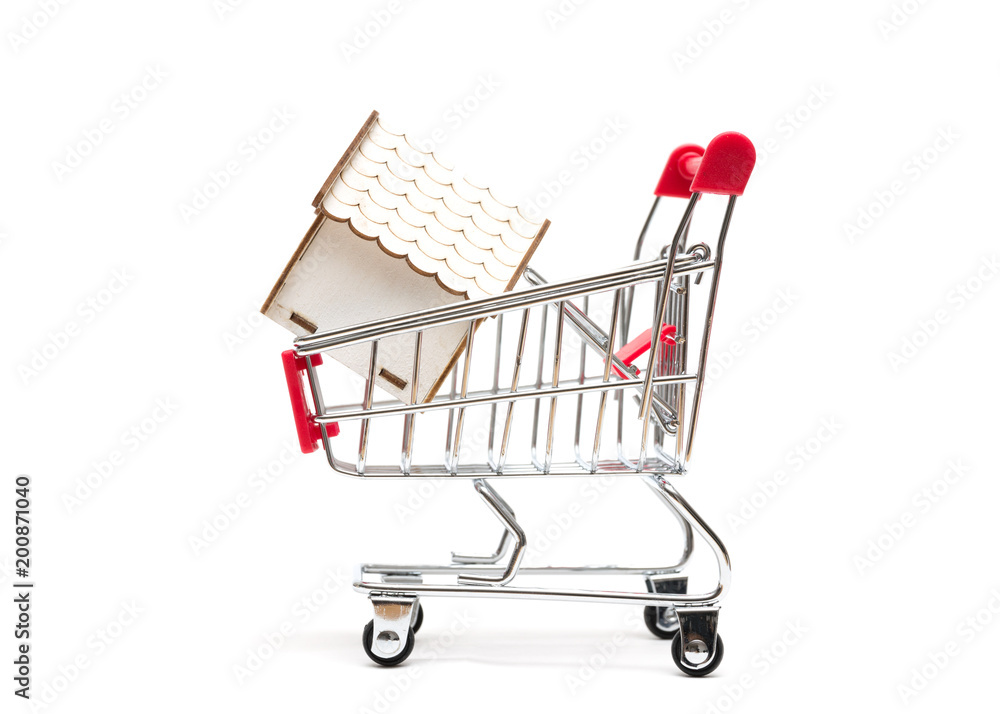 Miniature house and shopping cart on white background : economy concept