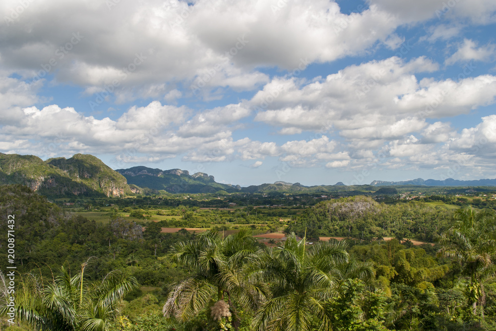 Village at the foot of the mountains in the valley of Vinales in Cuba. Farmers' huts and arable fields. Green palm trees and mogot mountain in the Vinales valley. Village at the foot of the mountains in the valley of Vinales in Cuba. Farmers' huts and arable fields. Green palm trees and mogot mountain in the Vinales valley.