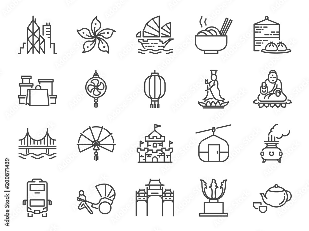Obraz premium Zestaw ikon podróży w Hongkongu. Zawiera ikony takie jak miasto, barka, Wielki Budda Tian Tan, statua Guan Yin, kolejka linowa, Dim sum, zabytki, atrakcje i wiele innych