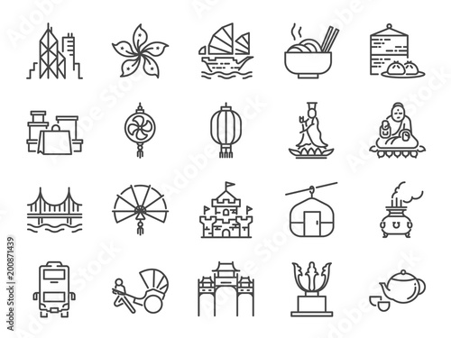 Hong Kong travel icon set. Included the icons as City, barque, Tian Tan Big Buddha
, Guan Yin statue, cable car, Dim sum, landmarks, attractions and more
