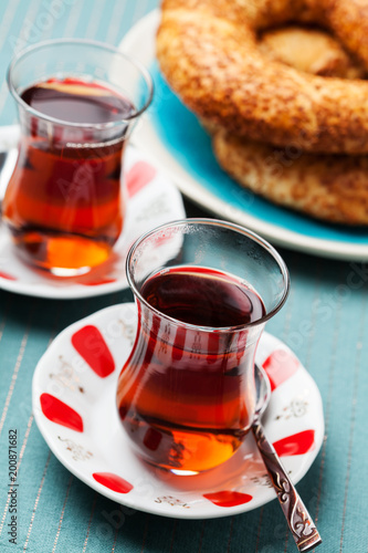 Turkish food: simit bread and cup of tea