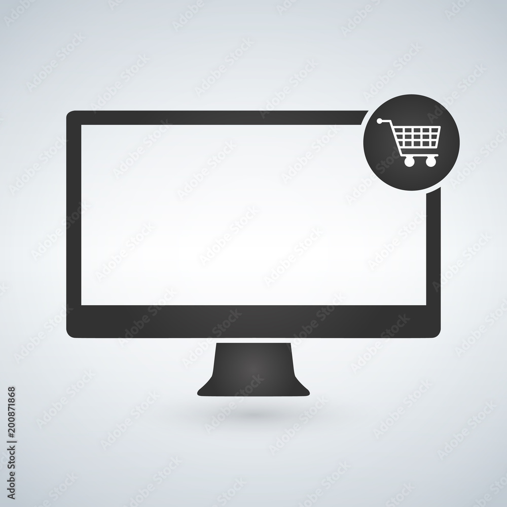 Vector Computer Display Buy Online Icon Ecommerce Concept with shopping cart. Vector Computer Display Buy Online Icon Ecommerce Concept with shopping cart.