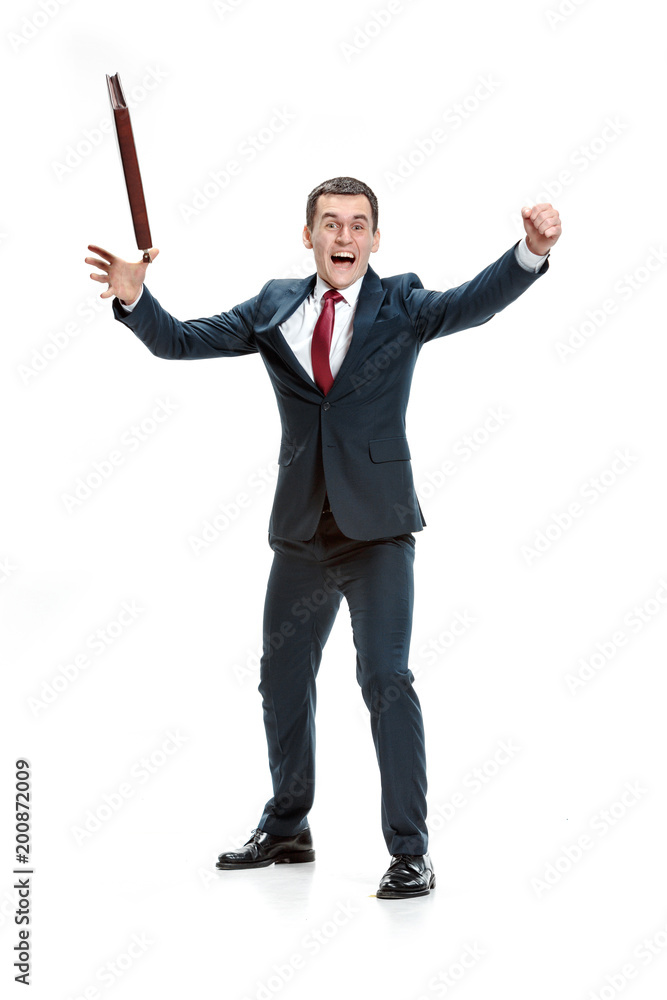 Funny cheerful businessman over white background Funny cheerful businessman over white background