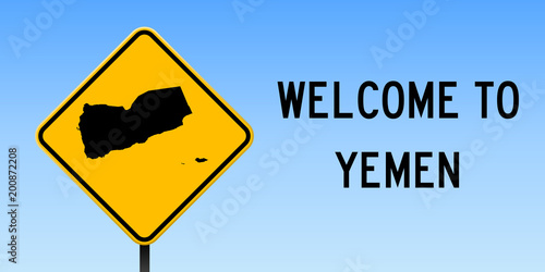 Yemen map on road sign. Wide poster with Yemen country map on yellow rhomb road sign. Vector illustration.