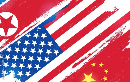 Flags of USA, China and North Korea isolated on white background. Vector illustration
