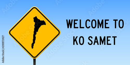 Ko Samet map on road sign. Wide poster with Ko Samet island map on yellow rhomb road sign. Vector illustration.